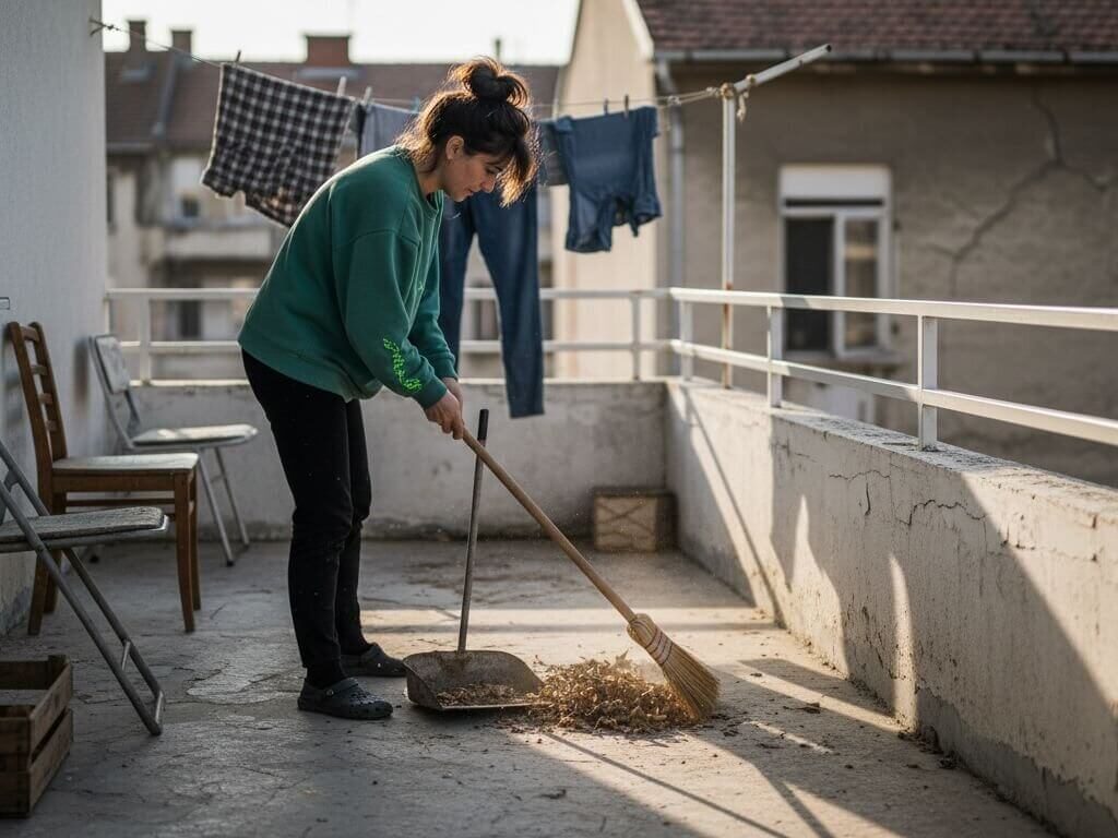Žena čisti balkon metlom i skuplja lišće sa poda
