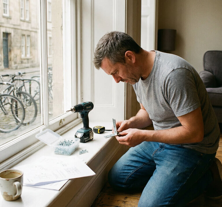 Muškarac montira nosač pored prozora uz pomoć bušilice i alata