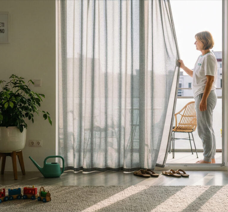 Žena otvara mrežastu zavesu na balkonskim vratima u osvetljenom dnevnom boravku
