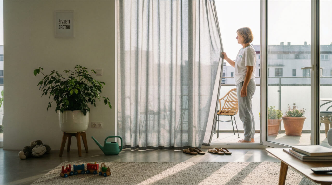 Žena otvara mrežastu zavesu na balkonskim vratima u osvetljenom dnevnom boravku