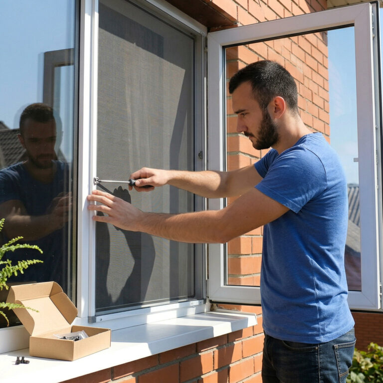 Muškarac postavlja mrežicu protiv insekata na otvoreni prozor kuće od cigle, sa alatom i saksijskom biljkom na prozorskoj dasci.