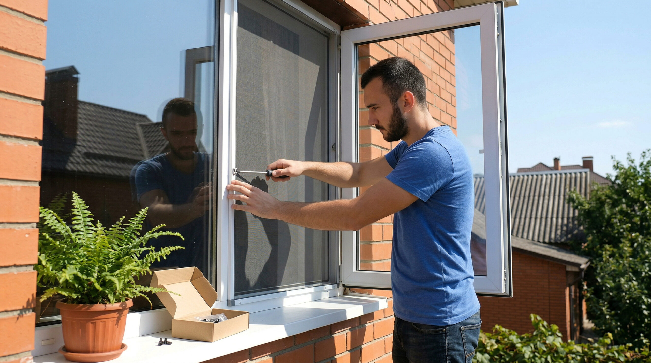 Muškarac postavlja mrežicu protiv insekata na otvoreni prozor kuće od cigle, sa alatom i saksijskom biljkom na prozorskoj dasci.