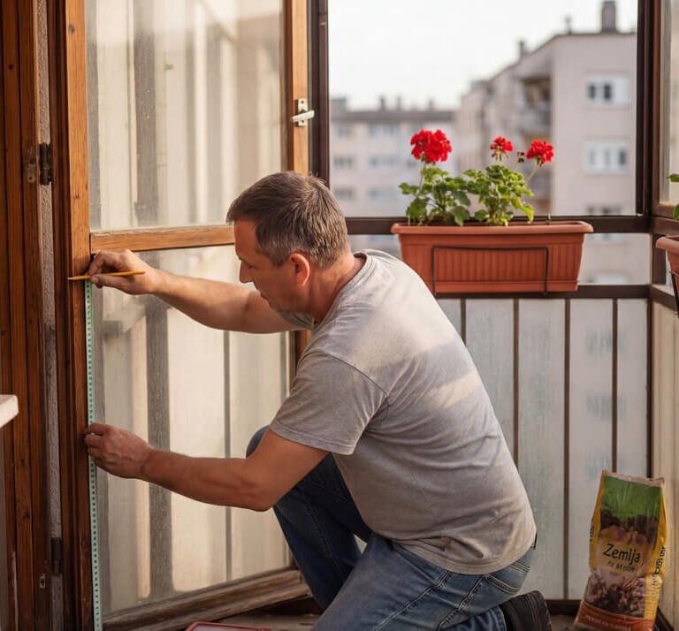 Muškarac meri okvir balkonskih vrata radi ugradnje komarnika