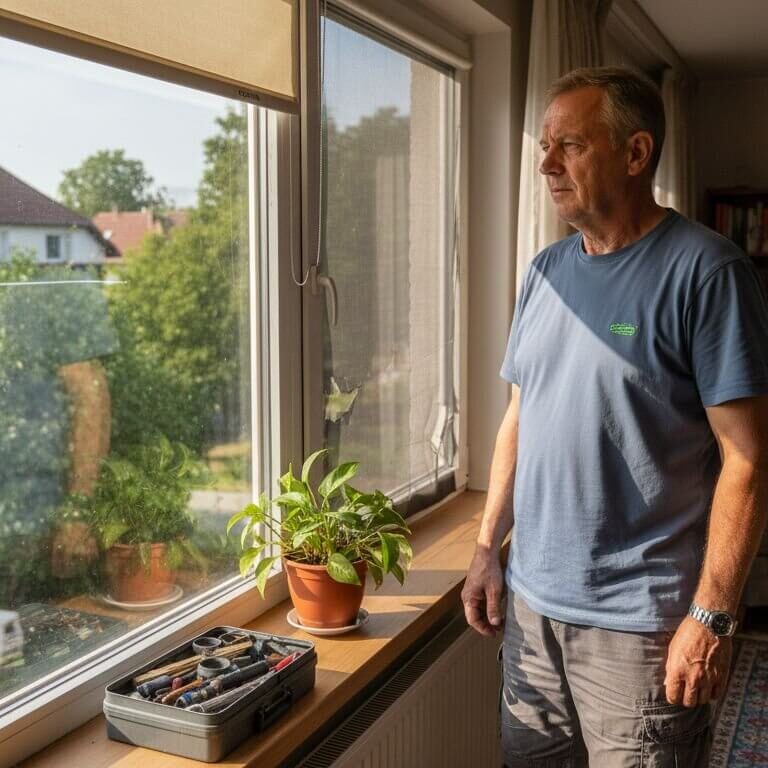 Muškarac stoji pored prozora sa ugrađenim komarnikom i gleda kroz prozor