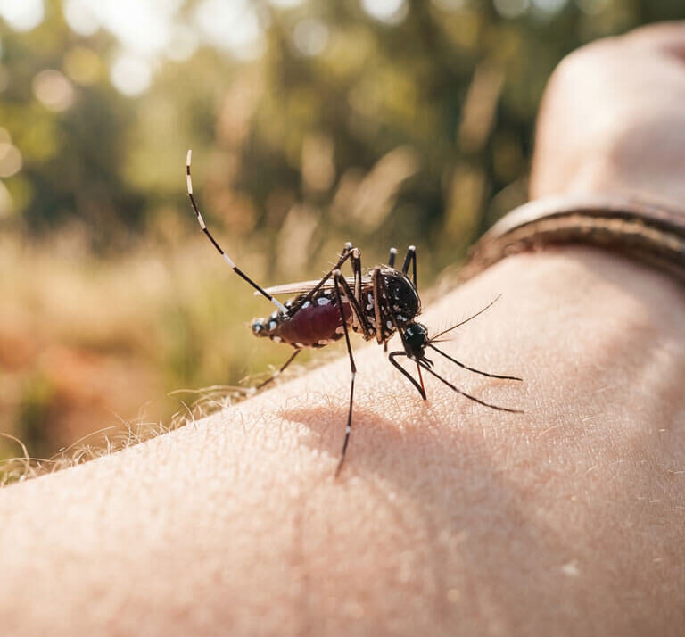 Komarac koji siše krv na ljudskoj ruci u prirodi – ilustracija kako ujedi komaraca prenose bolesti poput malarije
