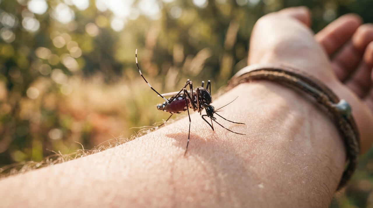 Komarac koji siše krv na ljudskoj ruci u prirodi – ilustracija kako ujedi komaraca prenose bolesti poput malarije