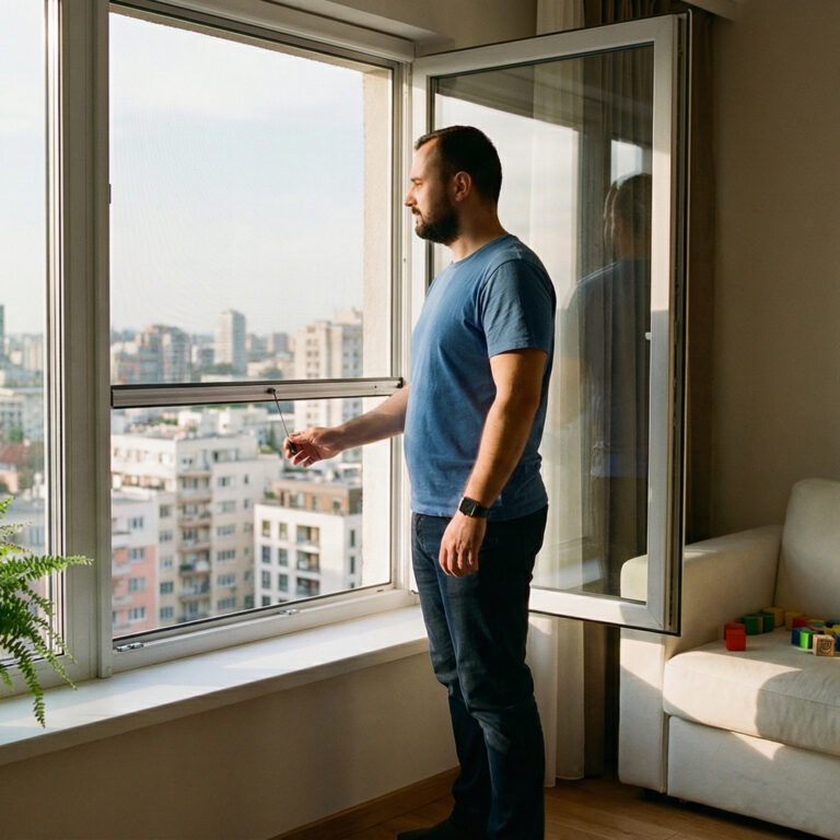Čovek stoji pored otvorenog prozora stana sa pogledom na gradsku panoramu, sa sobnom biljkom na prozorskoj dasci i sofom sa igračkama u dnevnoj sobi