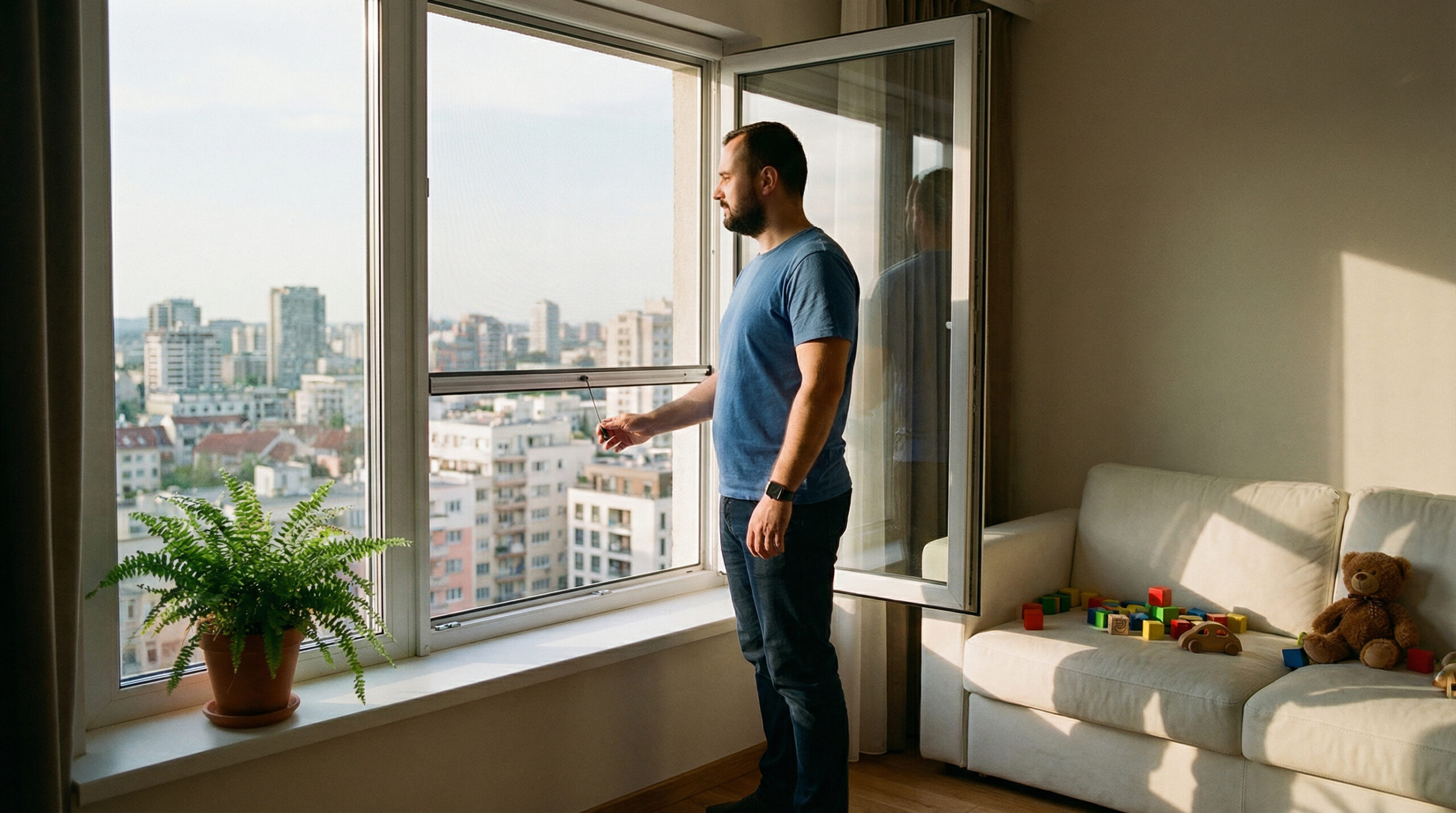 Čovek stoji pored otvorenog prozora stana sa pogledom na gradsku panoramu, sa sobnom biljkom na prozorskoj dasci i sofom sa igračkama u dnevnoj sobi