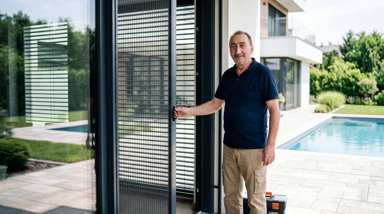 Majstor pokazuje plise komarnik na velikim staklenim balkonskim vratima pored moderne kuće sa bazenom.