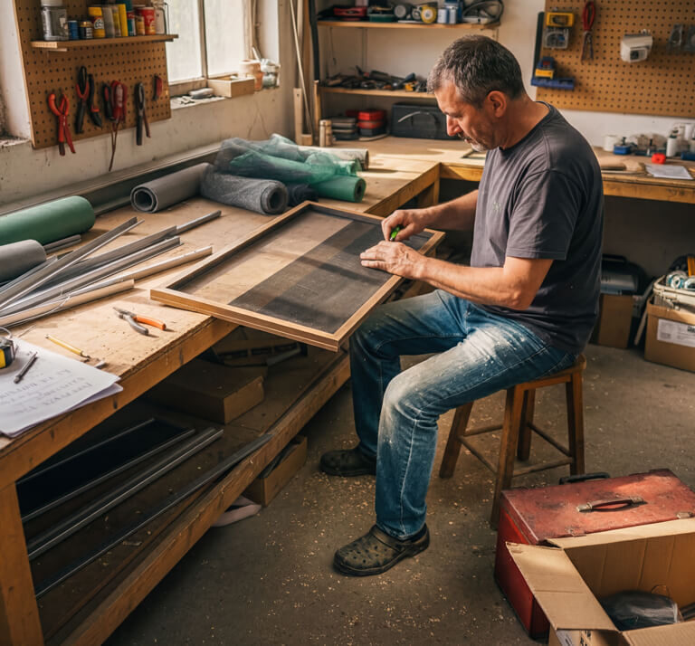 Muškarac sedi na stolici u radionici i sastavlja komarnik na drvenom radnom stolu, okružen aluminijumskim profilima, mrežama i ručnim alatom.