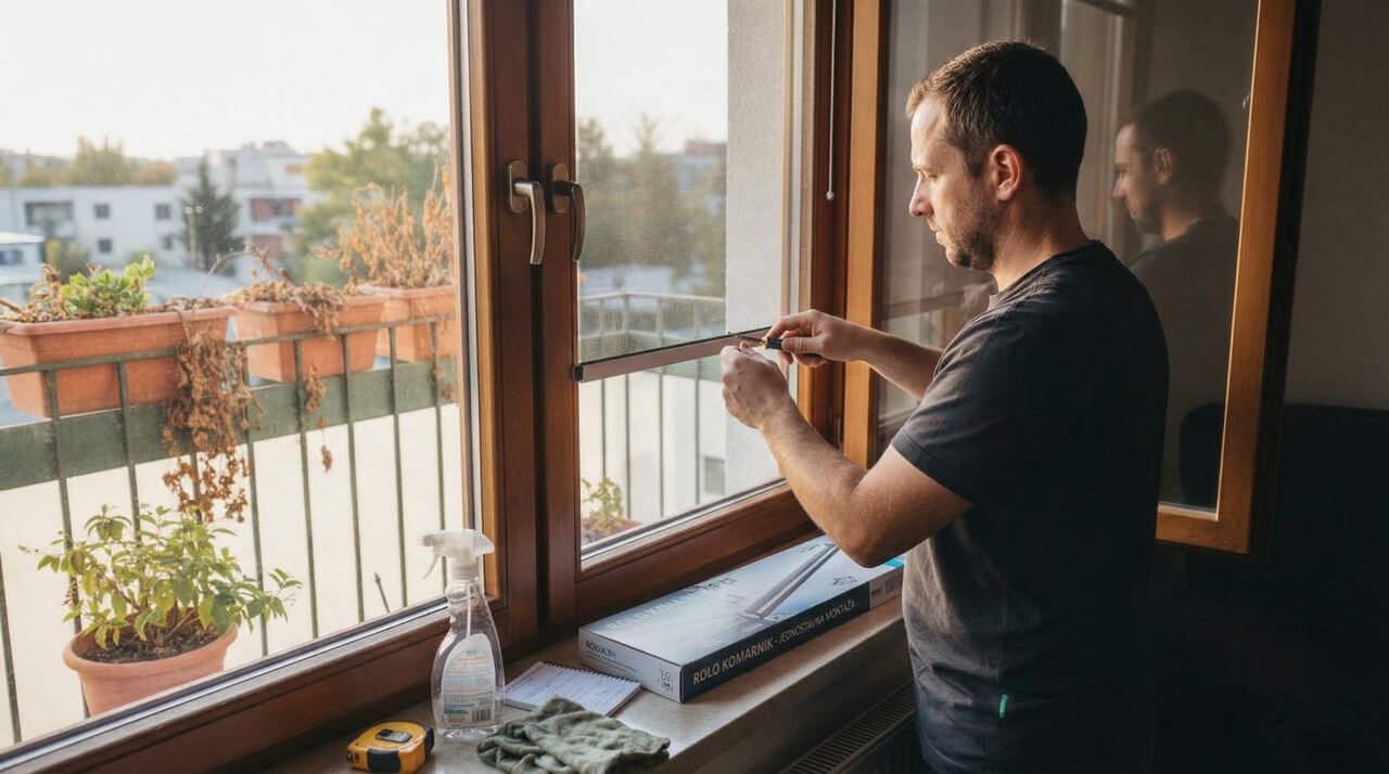 Muškarac stoji pored otvorenog balkonskog prozora i pažljivo montira rolo komarnik, dok su na prozorskoj dasci metar, sprej za čišćenje, krpa i kutija sa delovima za ugradnju.