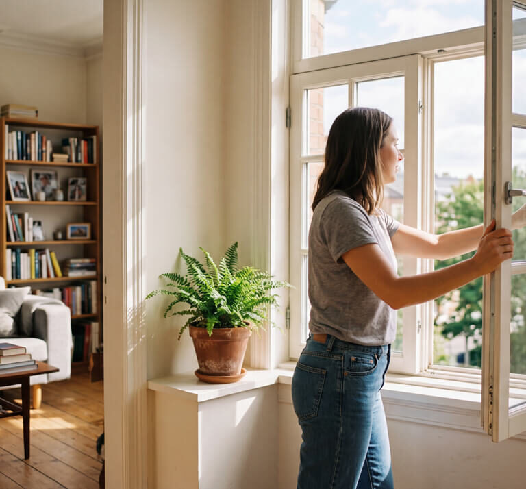 Žena otvara veliki prozor u svetloj dnevnoj sobi sa biljkom na prozoru, policom za knjige i kaučem u pozadini.