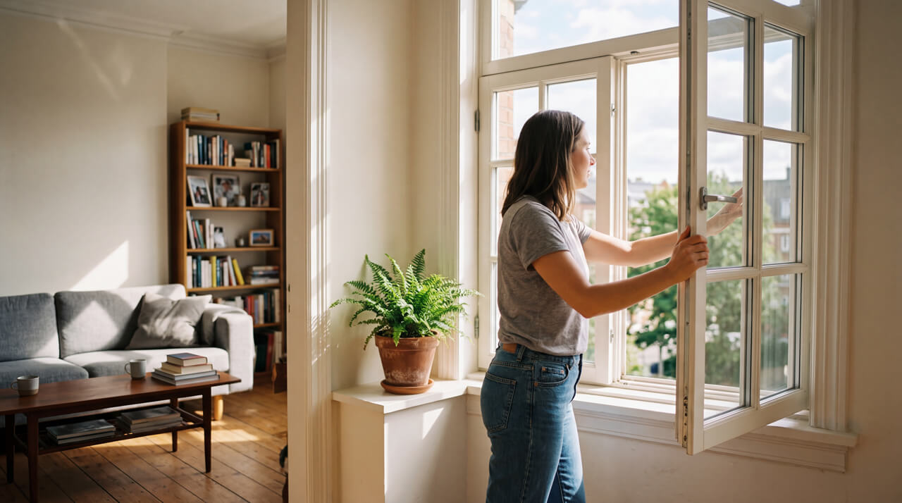 Žena otvara veliki prozor u svetloj dnevnoj sobi sa biljkom na prozoru, policom za knjige i kaučem u pozadini.