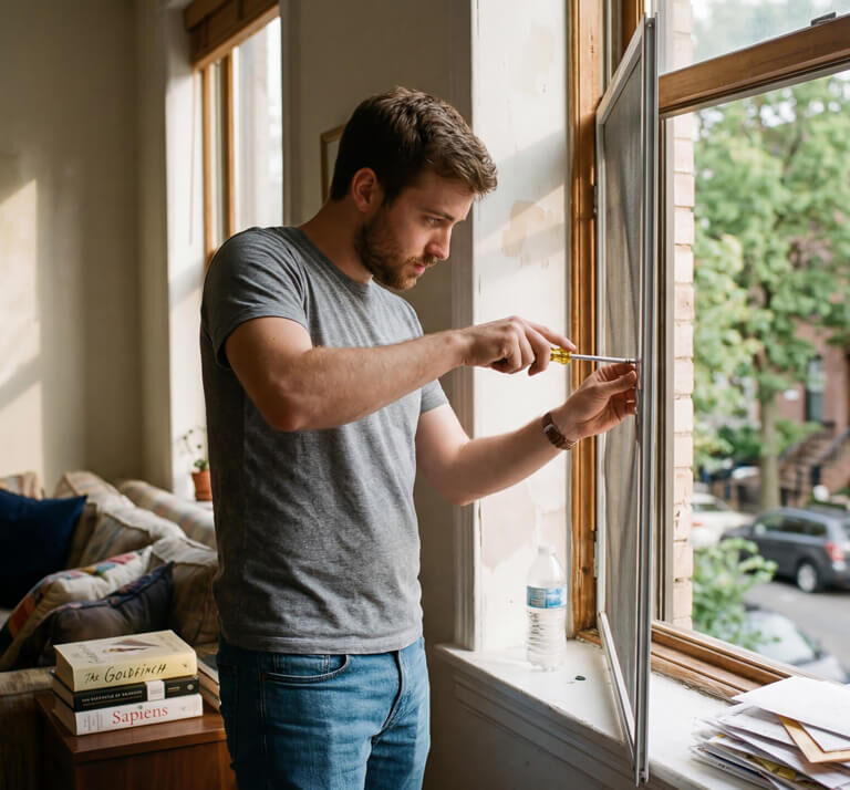 Muškarac u sivoj majici popravlja prozor pomoću šrafcigera u stanu pored otvorenog prozora sa pogledom na ulicu.