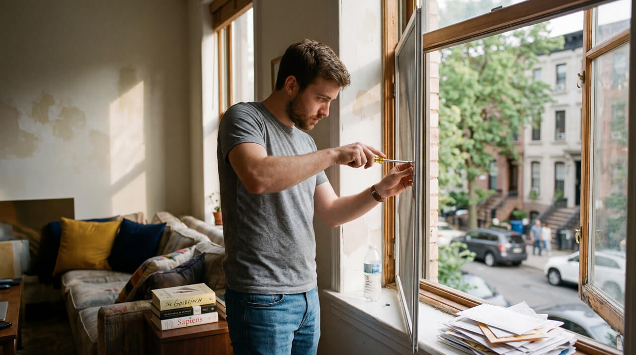 Muškarac u sivoj majici popravlja prozor pomoću šrafcigera u stanu pored otvorenog prozora sa pogledom na ulicu.