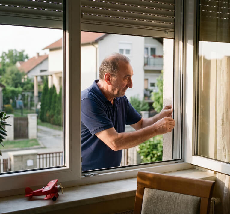 Majstor montira rolo komarnik na prozor porodične kuće gledano iz unutrašnjosti prostorije.