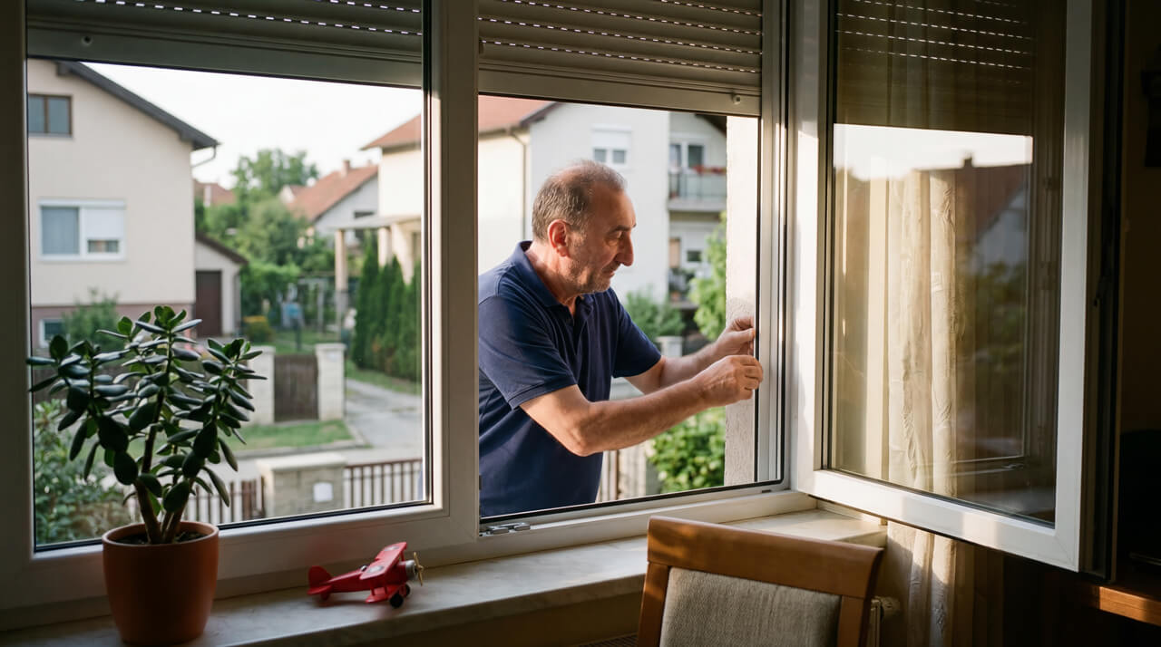 Majstor montira rolo komarnik na prozor porodične kuće gledano iz unutrašnjosti prostorije.