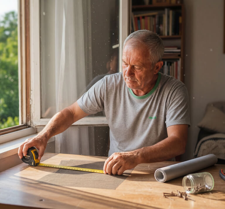 Stariji muškarac sedi za stolom pored otvorenog prozora i metrom meri drveni ram za izradu komarnika, dok su na stolu mrežica, klešta i šrafovi.