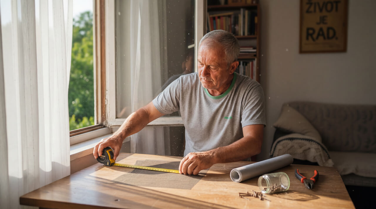 Stariji muškarac sedi za stolom pored otvorenog prozora i metrom meri drveni ram za izradu komarnika, dok su na stolu mrežica, klešta i šrafovi.