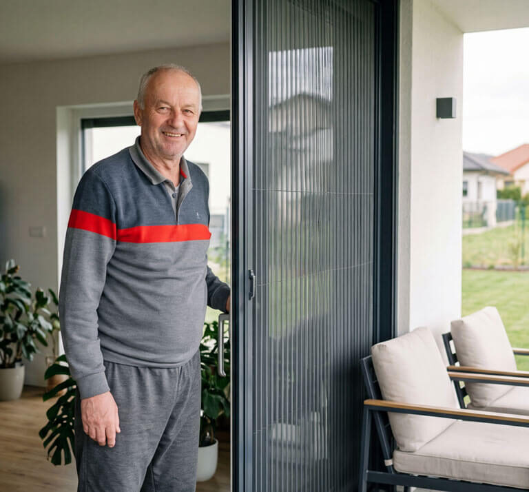 Nasmejani stariji muškarac stoji na ulazu u modernu kuću i otvara klizna staklena vrata koja vode na terasu sa stolicama i pogledom na dvorište i okolne kuće.