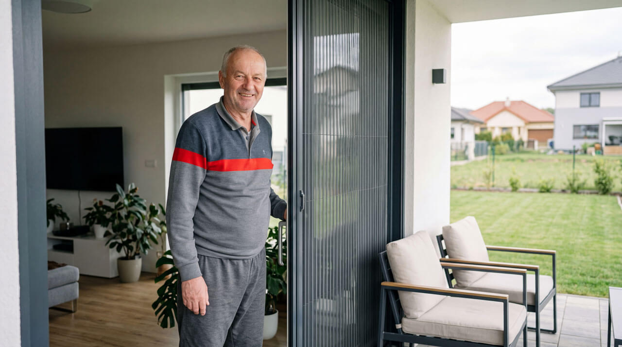 Nasmejani stariji muškarac stoji na ulazu u modernu kuću i otvara klizna staklena vrata koja vode na terasu sa stolicama i pogledom na dvorište i okolne kuće.