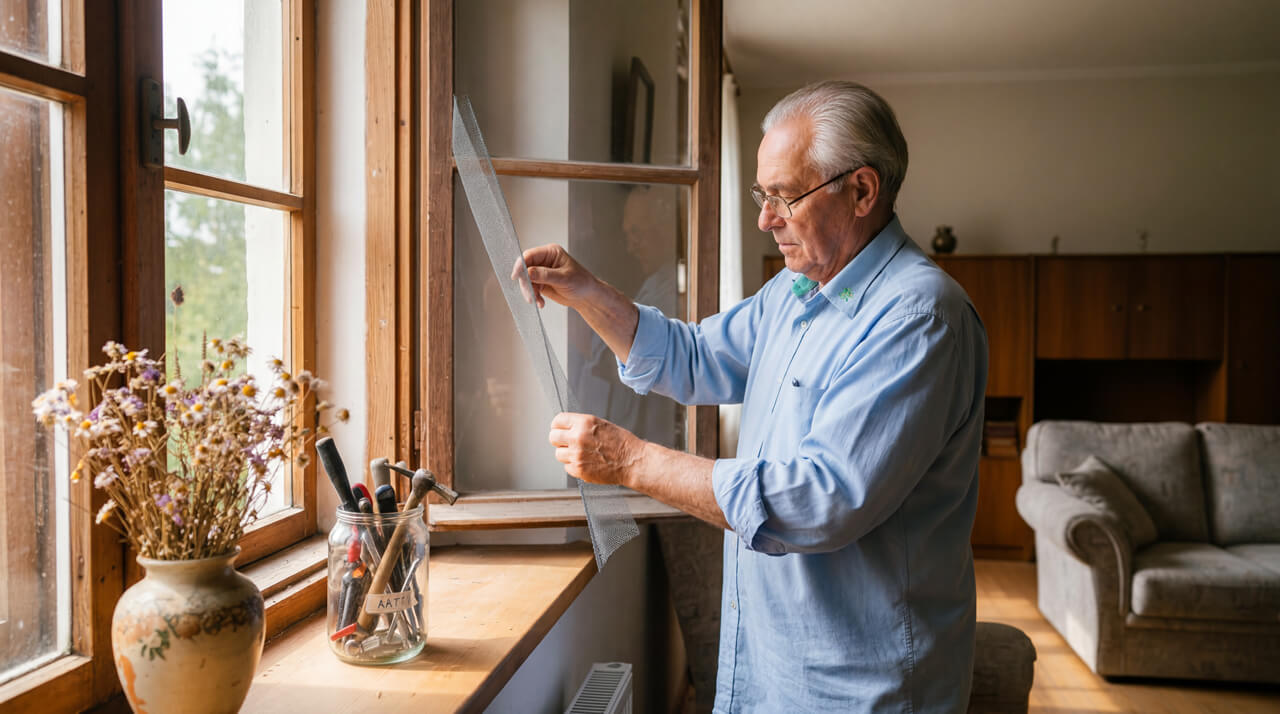 Stariji muškarac sa naočarima stoji pored otvorenog drvenog prozora i drži mrežicu za komarnik, dok se na prozorskoj dasci nalaze alat i vaza sa suvim cvećem.