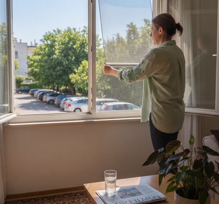 Žena u dnevnoj sobi stoji pored otvorenog prozora i spušta rolo komarnik, dok se kroz prozor vidi dvorište sa drvećem i parkiranim automobilima.