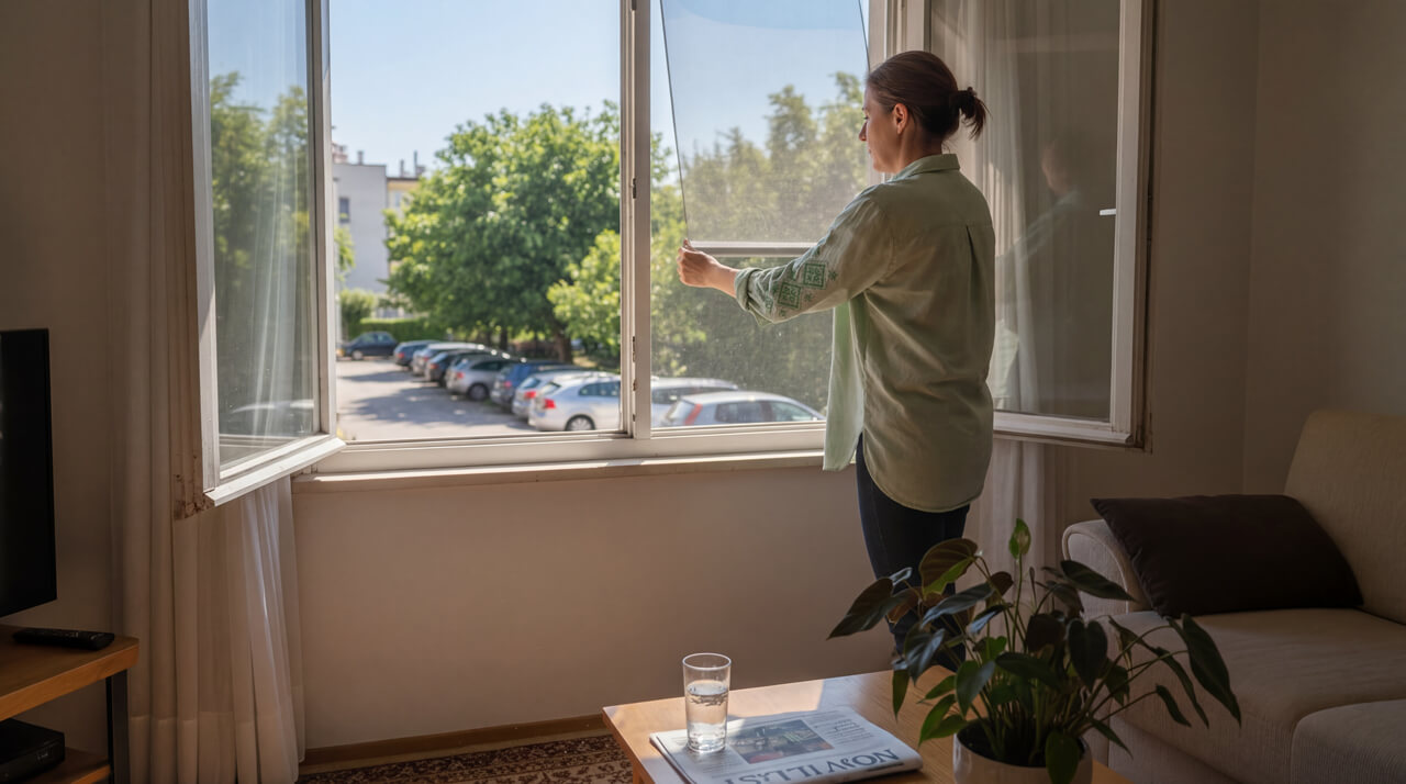 Žena u dnevnoj sobi stoji pored otvorenog prozora i spušta rolo komarnik, dok se kroz prozor vidi dvorište sa drvećem i parkiranim automobilima.
