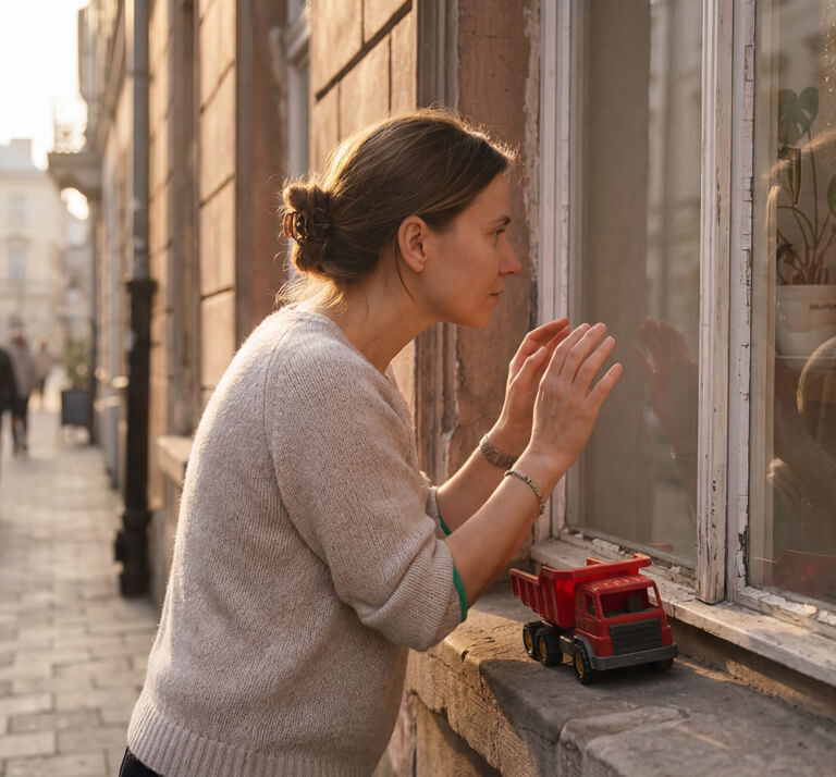 Žena sa podignutom kosom stoji pored starog prozora i zaviruje unutra, dok na simsу stoji crveni kamion igračka, a u pozadini se vidi mirna gradska ulica.