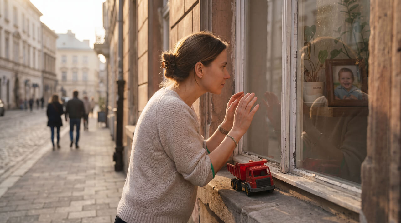 Žena sa podignutom kosom stoji pored starog prozora i zaviruje unutra, dok na simsу stoji crveni kamion igračka, a u pozadini se vidi mirna gradska ulica.